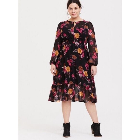 Torrid Dress  2X Black Red Long Sleeve Midi Chiffon Floral Boho Flowy - Picture 4 of 16